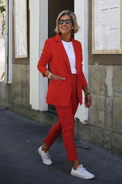 Red Blazer Suit with White Sneakers