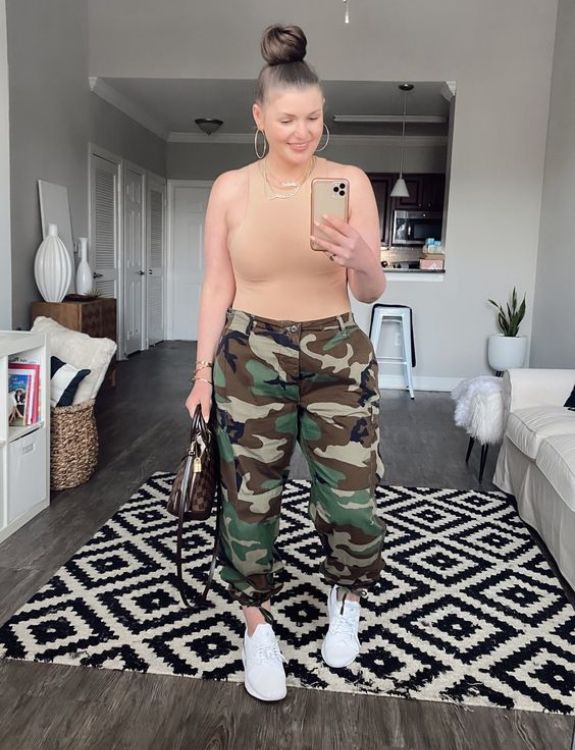 Camouflage Pants and Sports Bra-Bad Bunny Concert Outfit Ideas 