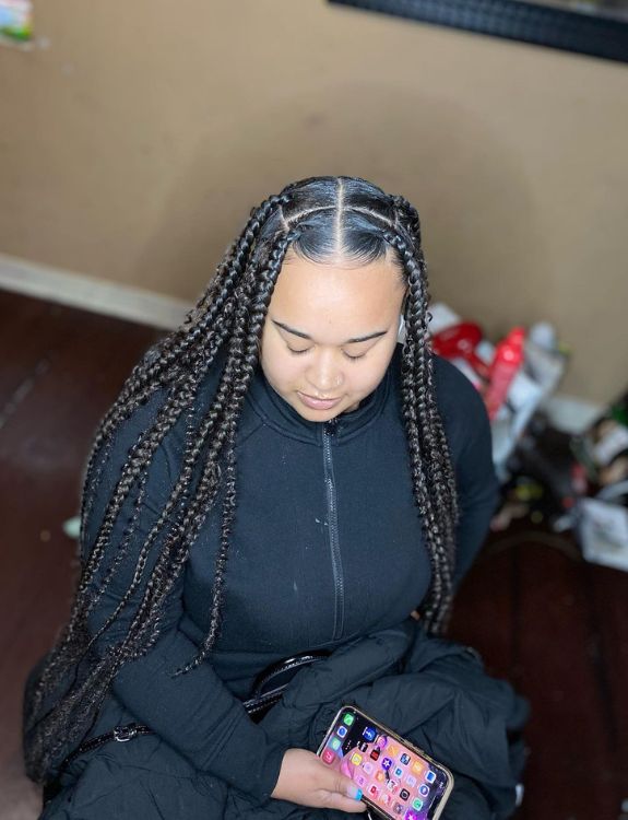 Middle-Part Box Braids with Curls-Tribal Braids