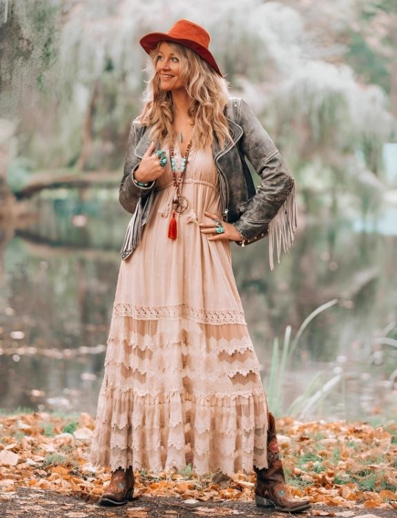 jacket over a maxi dress-cowgirl outfit ideas