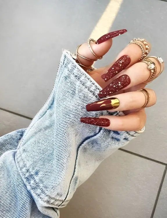 Burgundy Nails with Golden Flames
