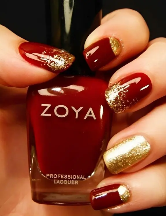 metallic gold and burgundy nails