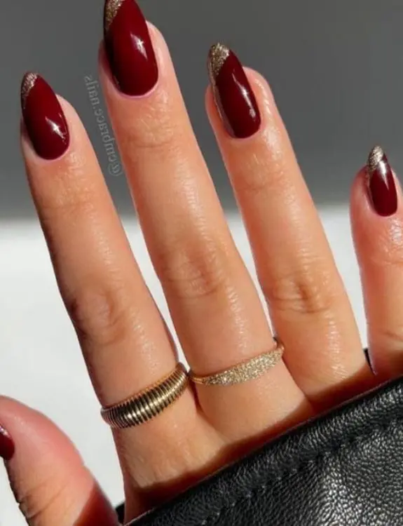 Burgundy and Gold French Mani